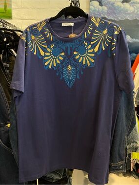 Versace Collection Navy Blue Short Sleeve Tee with Teal and Yellow Baroque Print